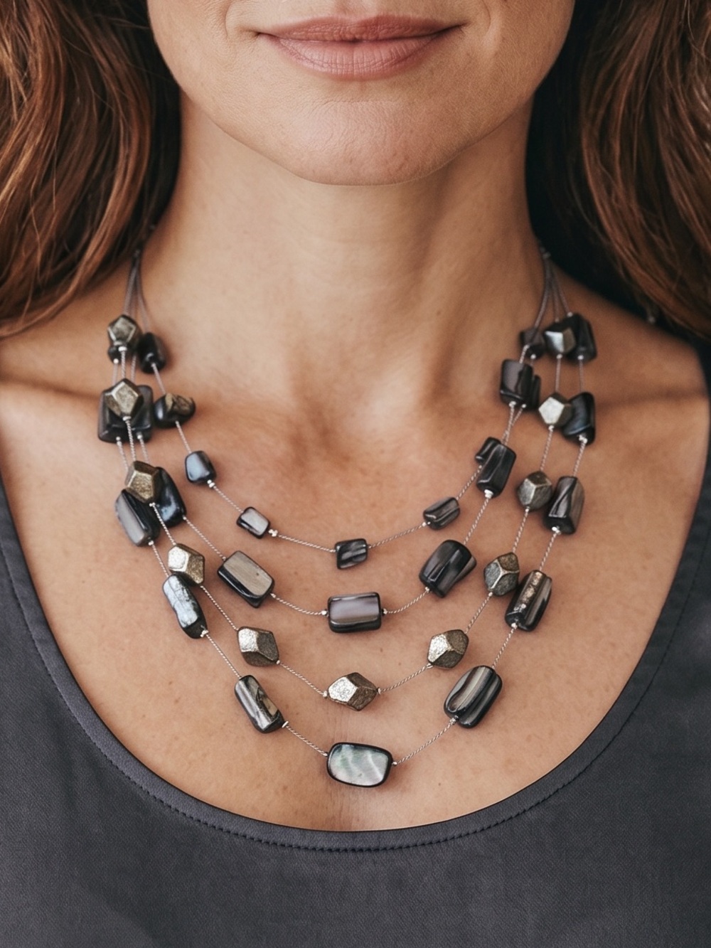 Multi-Strand Hematite and Metallic Gray Necklace
